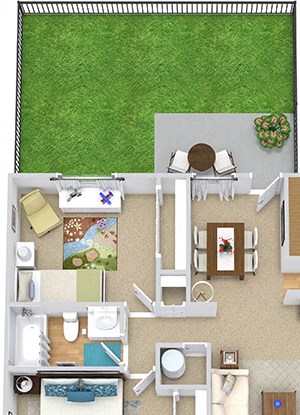 Camden with Fenced-in Yard Camden with Fenced-in Yard. 2 bedroom apartment. Kitchen, living and dinning rooms. 1 full bathroom. Patio/balcony open to yard